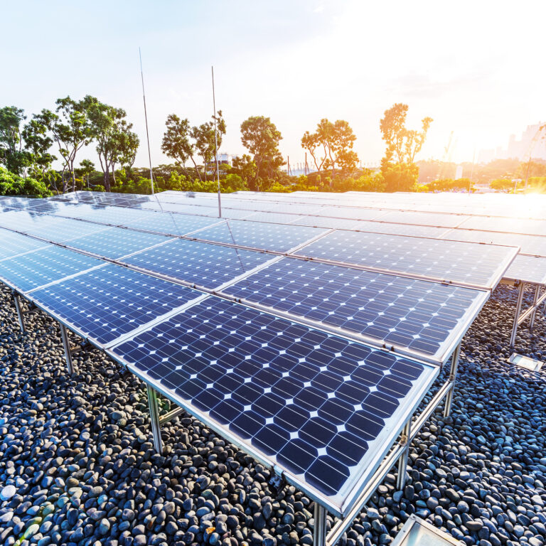solar panel with cityscape of modern city
